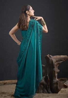 Turquoise Embroidered Satin Saree Set