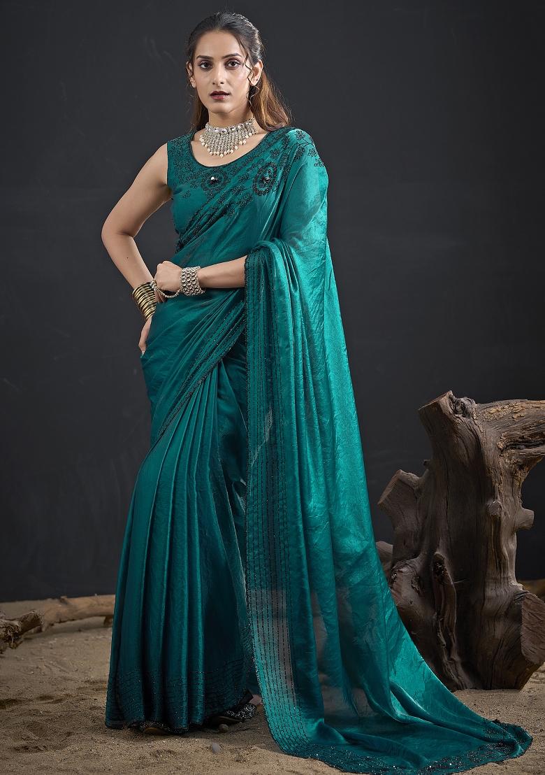 Turquoise Embroidered Satin Saree Set - Indya