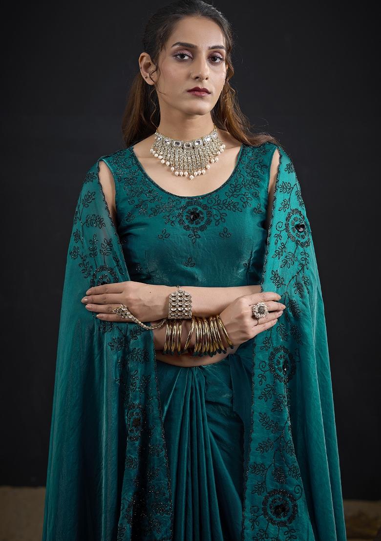 Turquoise Embroidered Satin Saree Set - Indya