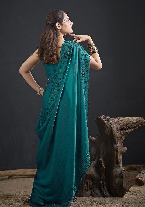Turquoise Embroidered Satin Saree Set