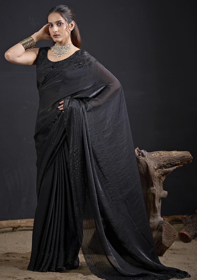 Black Embroidered Satin Saree Set - Indya