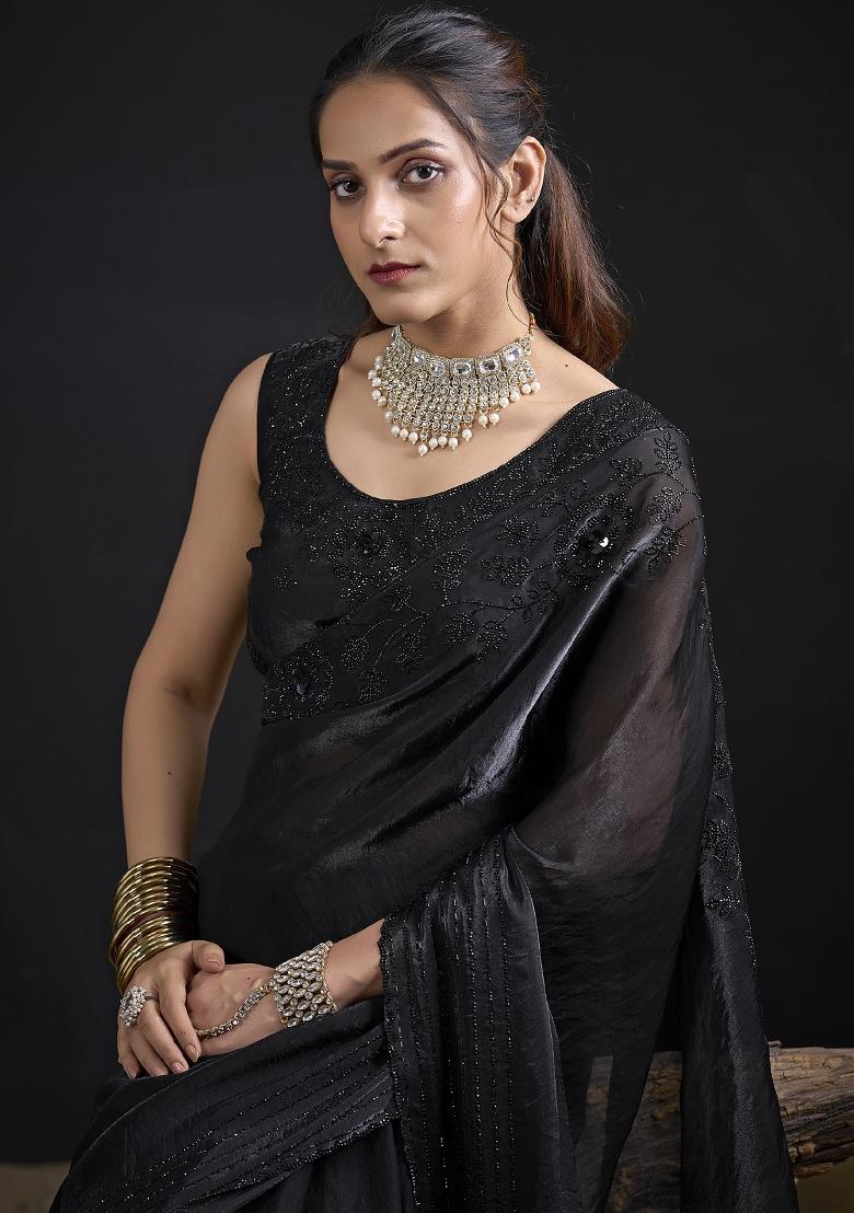 Black Embroidered Satin Saree Set - Indya