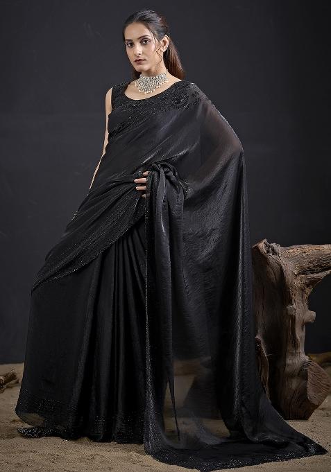 Black Embroidered Satin Saree Set