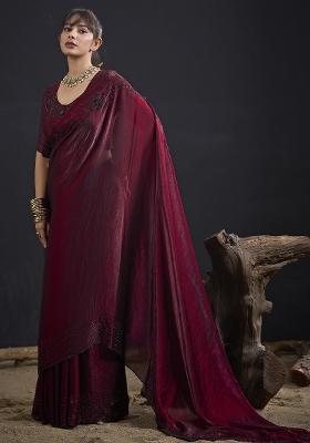 Maroon Embroidered Satin Saree Set