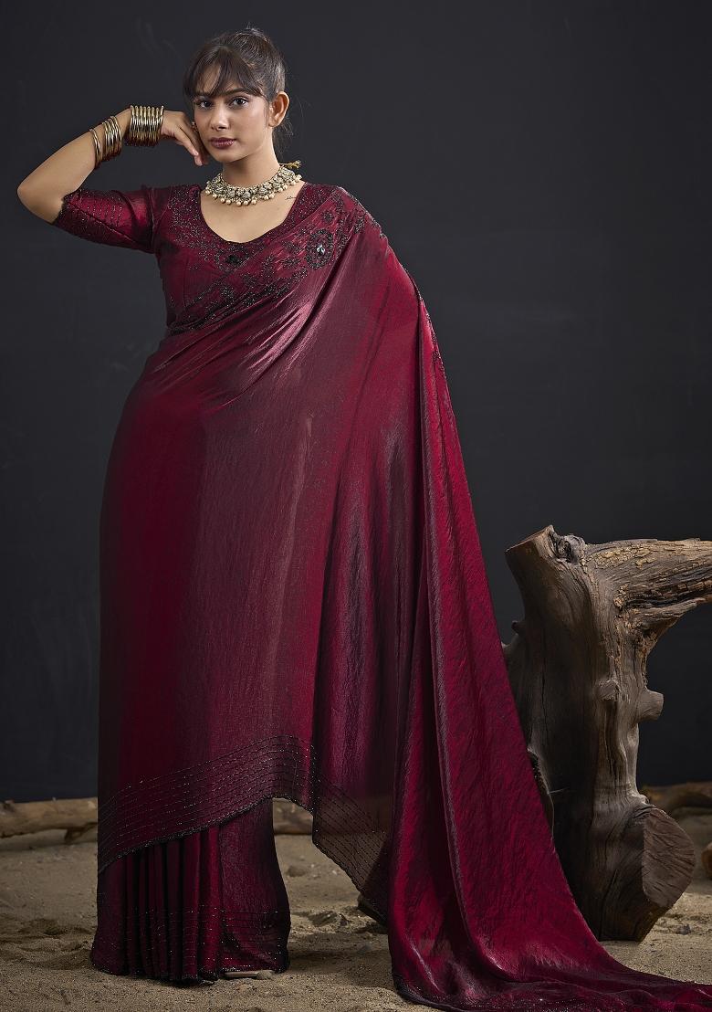 Maroon Embroidered Satin Saree Set - Indya