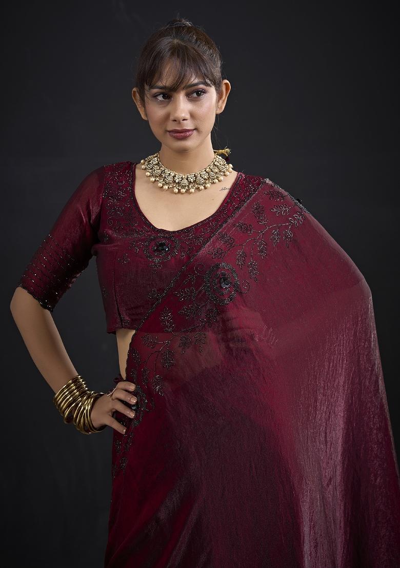 Maroon Embroidered Satin Saree Set - Indya