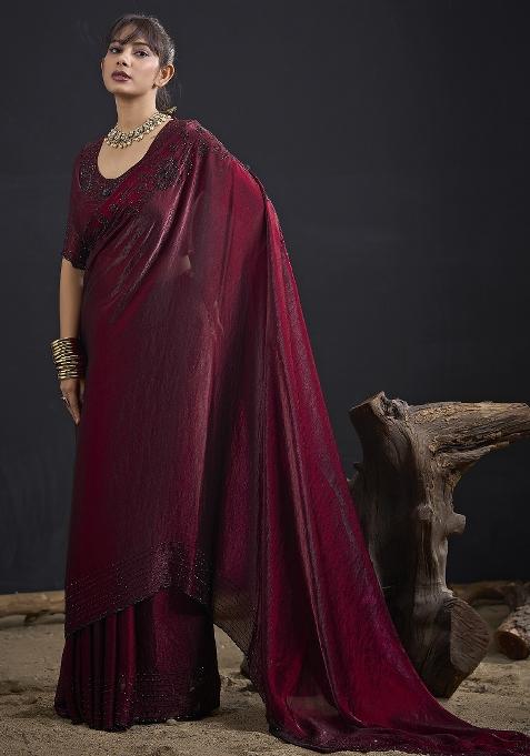 Maroon Embroidered Satin Saree Set