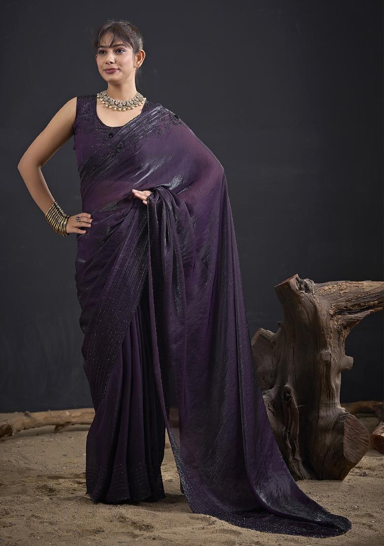 Purple Embroidered Satin Saree Set - Indya