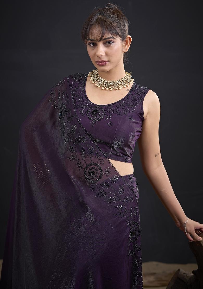 Purple Embroidered Satin Saree Set - Indya