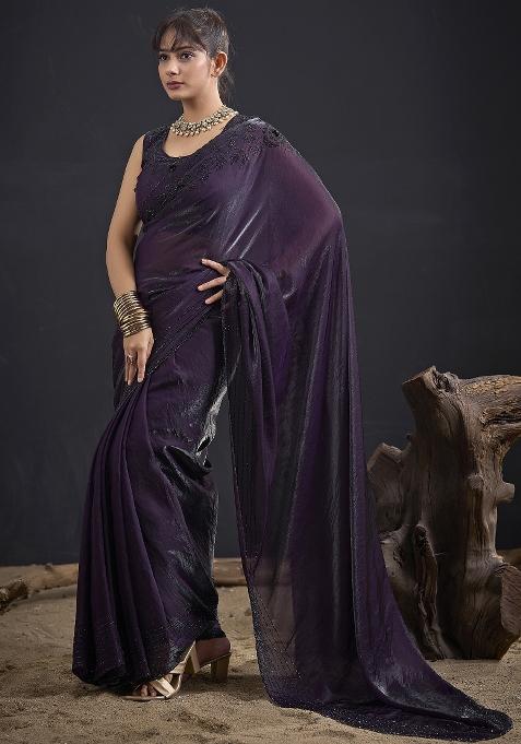 Purple Embroidered Satin Saree Set