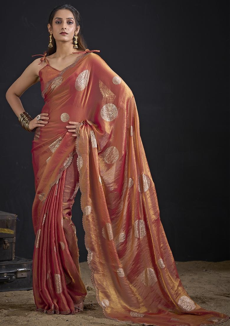 Orange Zari Work Silk Blend Saree Set - Indya