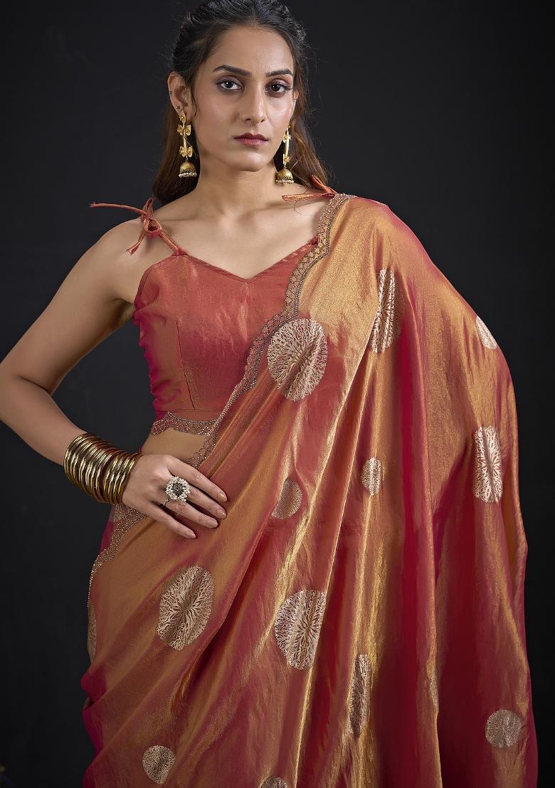 Orange Zari Work Silk Blend Saree Set - Indya