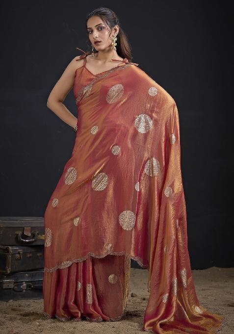 Orange Zari Work Silk Blend Saree Set