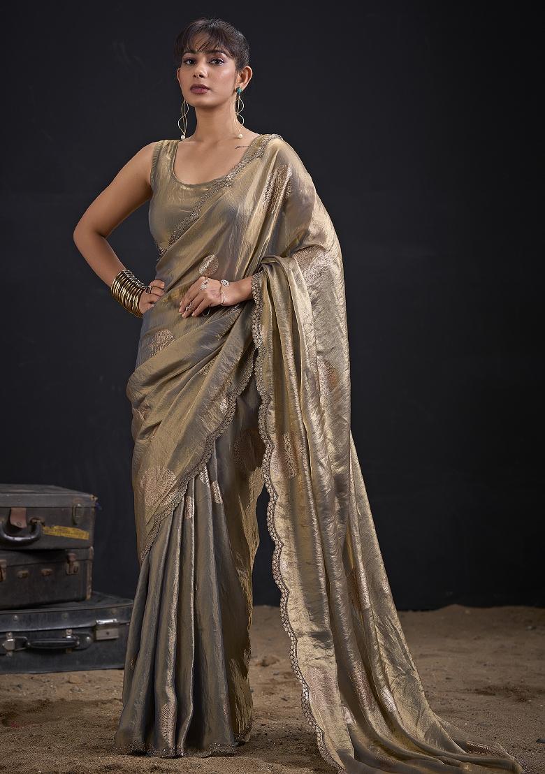 Golden Zari Work Silk Blend Saree Set - Indya