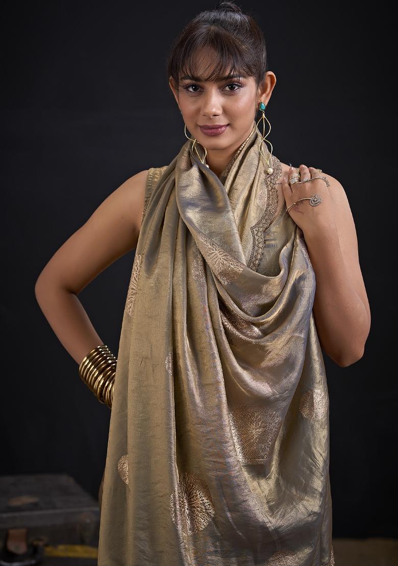 Golden Zari Work Silk Blend Saree Set - Indya
