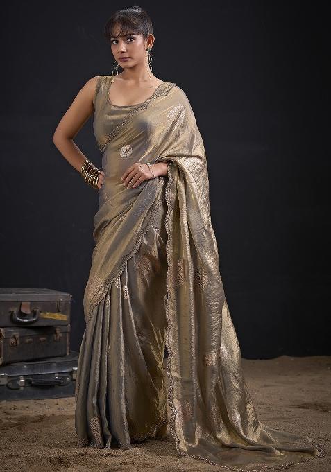 Golden Zari Work Silk Blend Saree Set