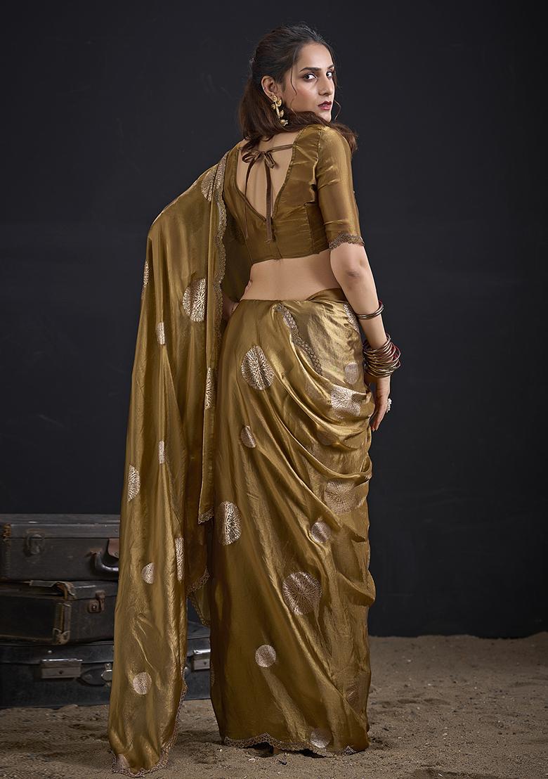 Mustard Zari Work Silk Blend Saree Set - Indya