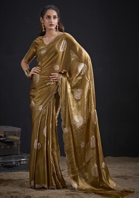 Mustard Zari Work Silk Blend Saree Set