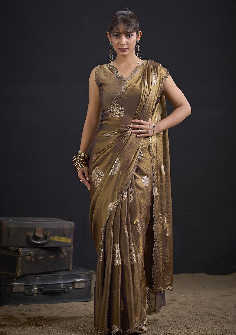 Brown Zari Work Silk Blend Saree Set - Indya