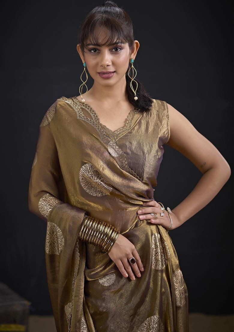 Brown Zari Work Silk Blend Saree Set - Indya