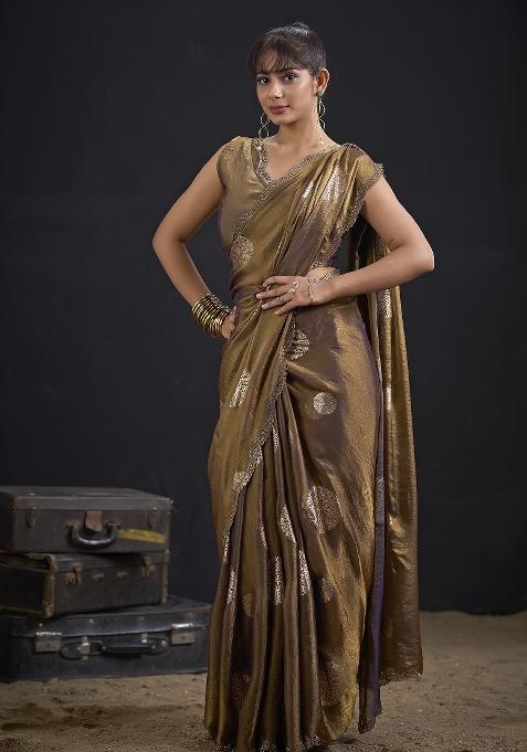 Brown Zari Work Silk Blend Saree Set