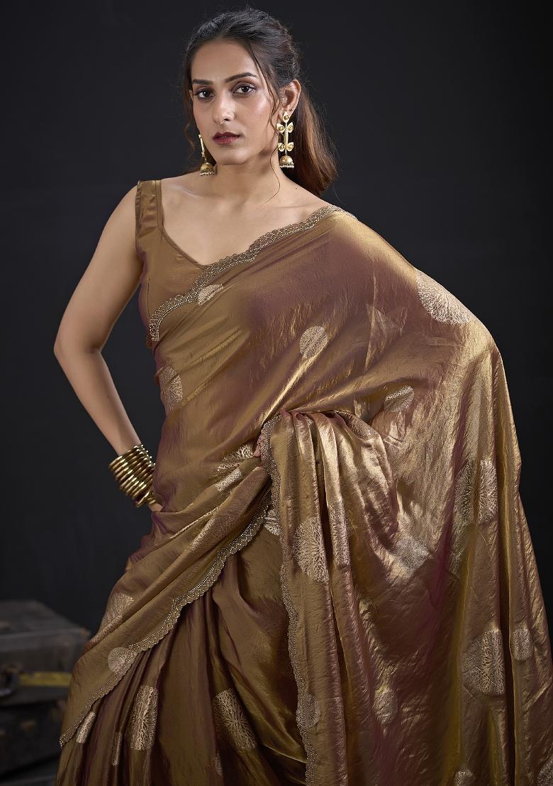Golden Zari Work Silk Blend Saree Set - Indya