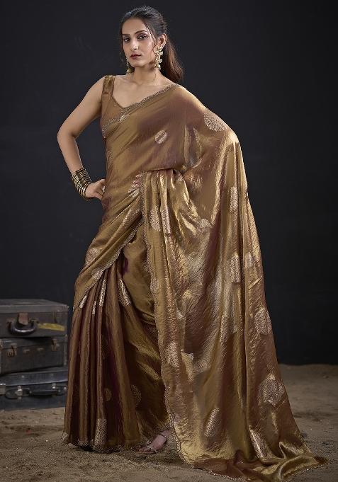 Golden Zari Work Silk Blend Saree Set