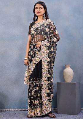Black Zari Work Net Saree Set