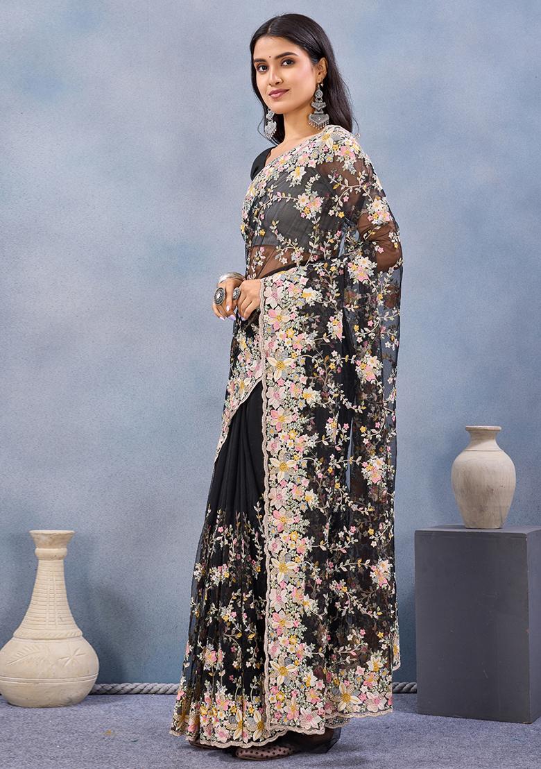 Black Zari Work Net Saree Set - Indya