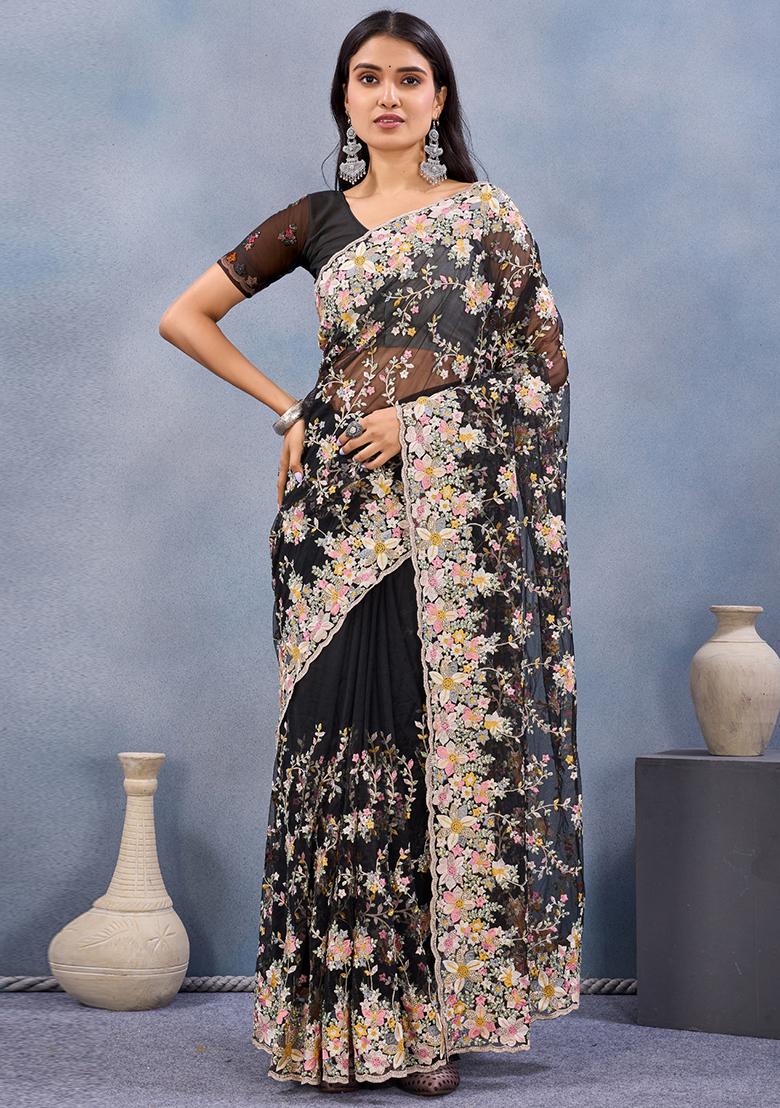 Black Zari Work Net Saree Set - Indya