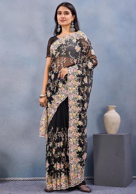 Black Zari Work Net Saree Set