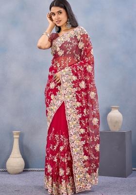 Red Zari Work Net Saree Set