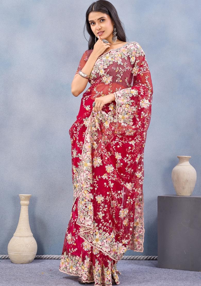 Red Zari Work Net Saree Set - Indya