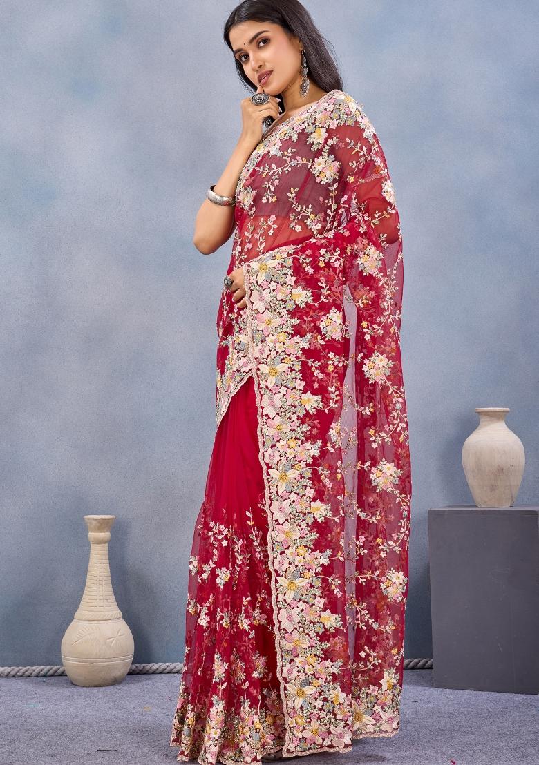 Red Zari Work Net Saree Set - Indya