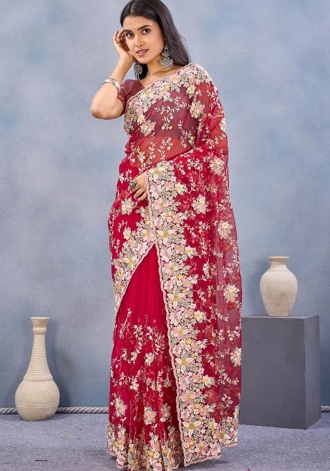 Red Zari Work Net Saree Set