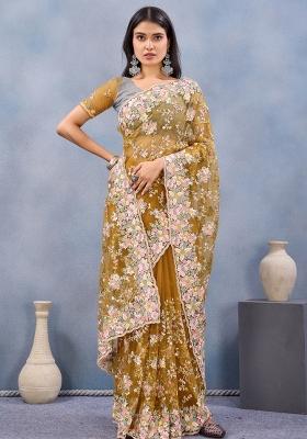 Mustard Zari Work Net Saree Set