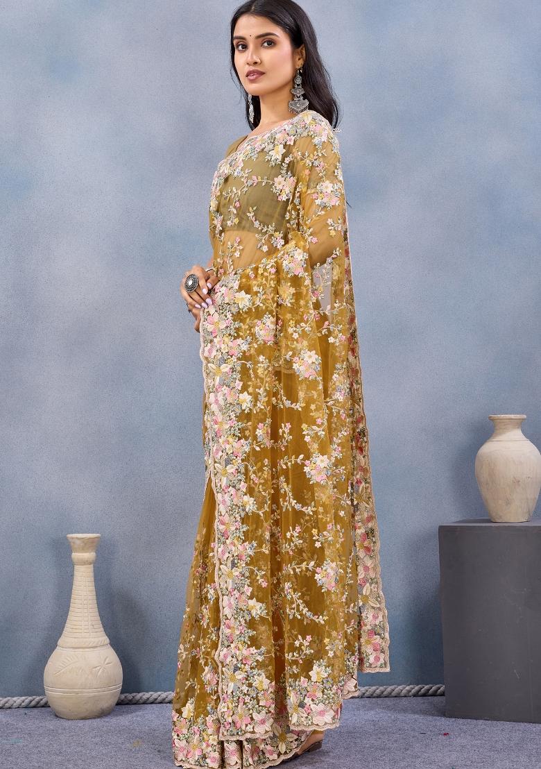 Mustard Zari Work Net Saree Set - Indya