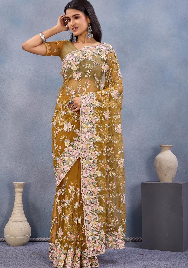 Mustard Zari Work Net Saree Set - Indya
