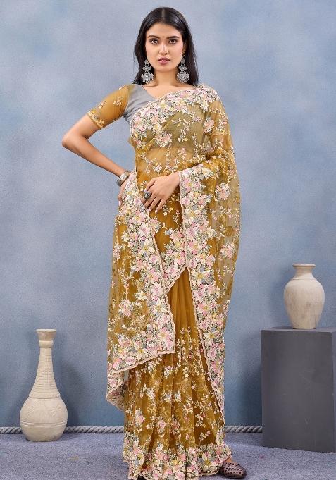 Mustard Zari Work Net Saree Set