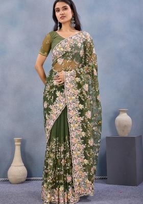 Green Zari Work Net Saree Set