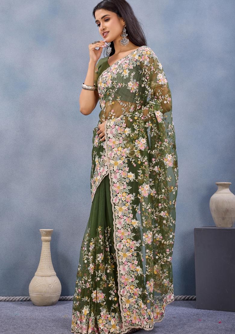 Green Zari Work Net Saree Set - Indya