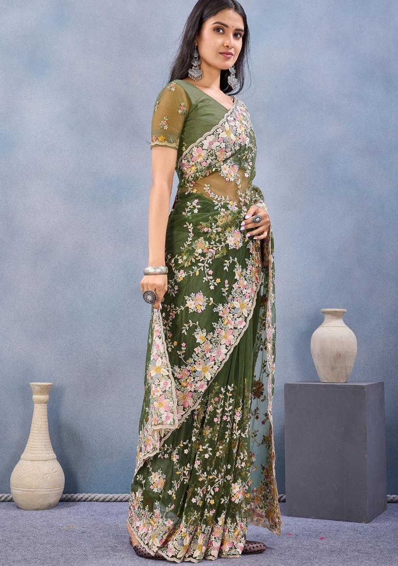Green Zari Work Net Saree Set - Indya
