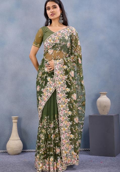 Green Zari Work Net Saree Set