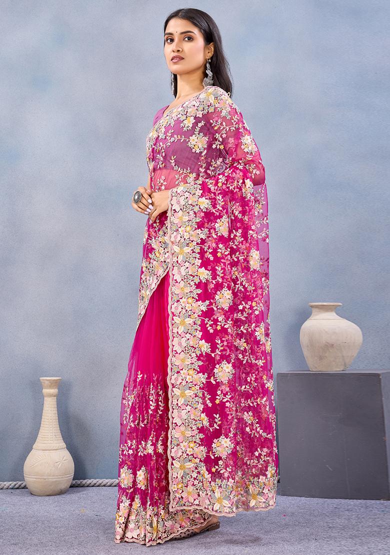 Pink Zari Work Net Saree Set - Indya