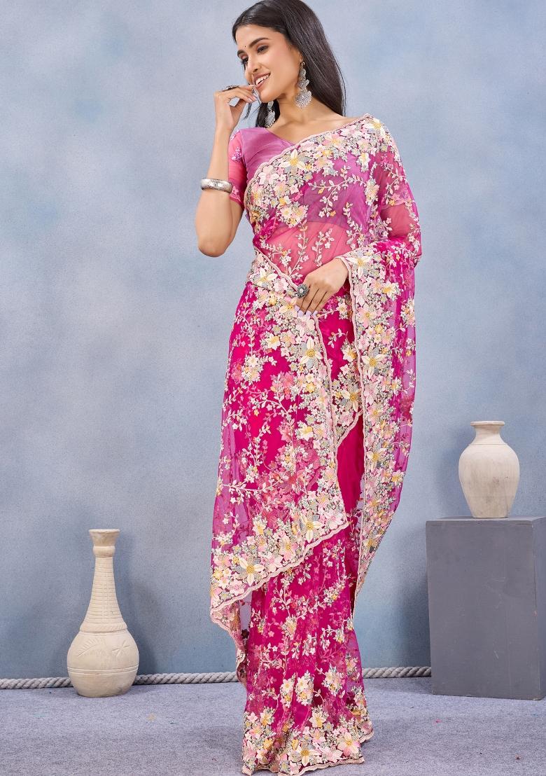 Pink Zari Work Net Saree Set - Indya