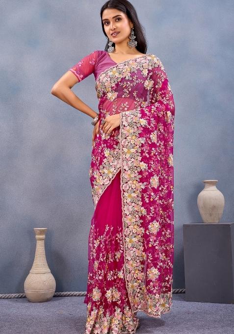 Pink Zari Work Net Saree Set