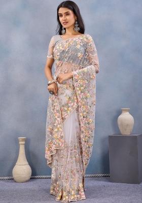 White Zari Work Net Saree Set