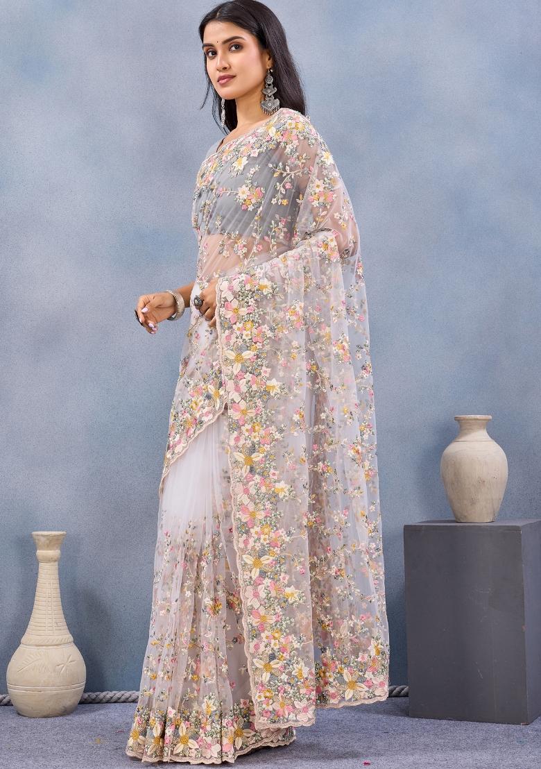 White Zari Work Net Saree Set - Indya