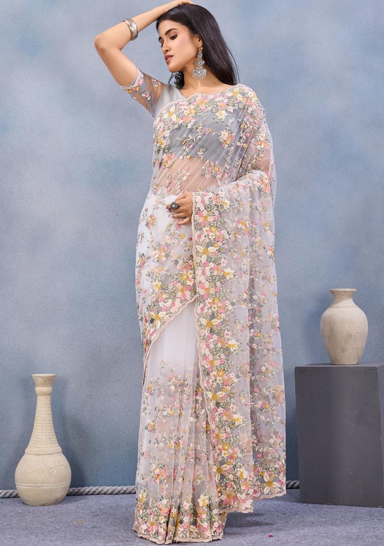 White Zari Work Net Saree Set - Indya
