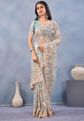 Sea Green Zari Work Net Saree Set